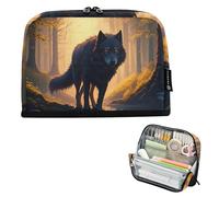 Astuccio per matite con lupo nero, foresta autunnale, astuccio per matite con cerniera, astuccio per matite grande, borsa per penne in classe per ragazzi personalizzata per bambini per il rientro a