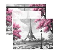Astuccio per matite con motivo a torre dei cartoni animati, colore grigio | Custodia trasparente con cerniera frontale con 3 occhielli rinforzati, 31 cm x 24 cm, confezione da 2