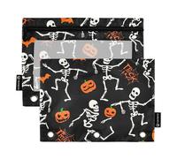 Astuccio per matite con scheletri danzanti di Halloween a 3 anelli, con cerniera, per ragazzi, con tasche trasparenti floreali, 24,9 x 18 cm, confezione da 2