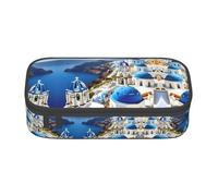 Astuccio per matite con stampa di isola greca, grande capacità, astuccio multiuso per trucchi con cerniera, Nero , Taglia unica, Beauty case