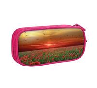 Astuccio per matite con stampa di papaveri rossi al tramonto, astuccio per trucchi e gioielli, portatile, da viaggio, nero, rosa, Taglia unica, Astuccio portamatite