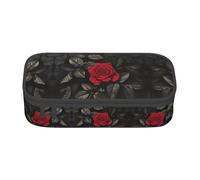 Astuccio per matite con stampa di rose rosse e foglie nere, grande capacità, astuccio multiuso per trucchi con cerniera, Nero , Taglia unica, Beauty case