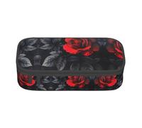 Astuccio per matite con stampa di rose rosse e foglie nere, grande capacità, astuccio multiuso per trucchi con cerniera, Nero , Taglia unica, Beauty case
