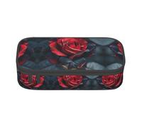 Astuccio per matite con stampa di rose rosse e nere, grande capacità, astuccio multiuso per trucco con cerniera, Nero , Taglia unica, Beauty case