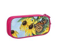 Astuccio per matite con stampa primaverile con fiori e farfalle, astuccio per trucchi e gioielli, portatile, da viaggio, nero, rosa, Taglia unica, Astuccio portamatite