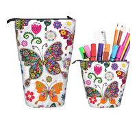 Astuccio per matite con stampa rosa ad acquerello carino in piedi astuccio retrattile portapenne astuccio cancelleria, Farfalle colorate con motivo floreale bianco, Taglia unica, Portamonete