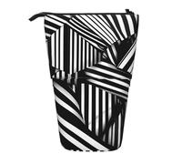 Astuccio per matite con supporto espandibile con linee geometriche bianche e nere, tessuto Oxford multi-design, altezza regolabile, borsa cosmetica multiuso