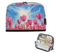 Astuccio per matite con tulipani rosa con campo vibrante blu cielo grande astuccio con cerniera carino portapenne per ragazze studenti cancelleria per bambini organizzatore forniture scolastiche