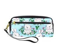 Astuccio per matite, coniglietto felice con trifoglio e fiore, astuccio in pelle PU con cerniera, per ragazzi e ragazze, articoli per la scuola e l'ufficio