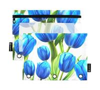 Astuccio per matite da ufficio a 3 anelli, con cerniera, raccoglitori scolastici personalizzati, tasche trasparenti, con tulipano primaverile e fiore blu, 24,9 x 18 cm, 2 confezioni