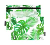Astuccio per matite da ufficio per raccoglitori a 3 anelli, con cerniera, buste trasparenti per la scuola, tasche trasparenti con foglie di palma tropicali Monstera verde 24,9 x 18 cm, 2 confezioni