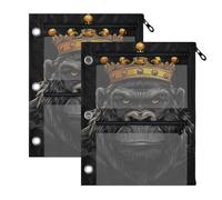 Astuccio per matite e matite a 3 anelli, motivo: Gorilla Crown | 28 x 22 cm, confezione da 2, astuccio trasparente con cerniera frontale con 3 tasche e occhielli rinforzati