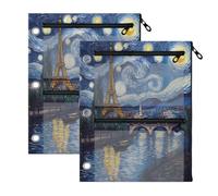 Astuccio per matite e matite, motivo Parigi Starry Night per raccoglitore a | Confezione da 2 astucci trasparenti con cerniera frontale con 3 tasche e occhielli rinforzati, 28 x 21 cm