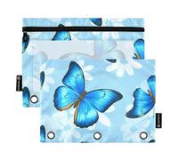 Astuccio per matite in classe per raccoglitori a 3 anelli, portapenne, astuccio con cerniera, raccoglitori scolastici, tasche trasparenti, ali di farfalle blu, 24,9 x 18 cm, 2 confezioni