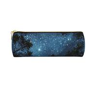 Astuccio per matite in pelle blu con stampa stellata blu notte stellata, astuccio per matite e cosmetici, borsa da ufficio per uomini e donne, Blu Notte Stellata, Taglia unica