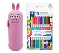 Astuccio per matite MARKY con Design Emoji in Rosa, in Silicone Morbido e Resistente, incl. 10 Penne STAEDTLER Twin Colour con Punta in Fibra, Due Punte con Due Colori, Larghezza del Tratto 3mm e 1mm