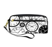 Astuccio per matite, orologi bianchi e neri e penna con ingranaggi temporali, in pelle PU, con cerniera, per ragazzi e ragazze, per scuola e ufficio