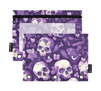 Astuccio per matite per bambini con finestra trasparente viola misterioso fiore teschio astuccio con cerniera finestra trasparente e occhielli 3 anelli tasca raccoglitore per riporre studenti