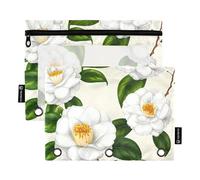 Astuccio per matite per bambini per 3 raccoglitori ad anelli, portapenne con cerniera, morbido e trasparente, astuccio per la scuola, elegante fiori di camelia bianchi, 24,9 x 18 cm, confezione da 2