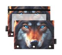 Astuccio per matite per bambini per raccoglitore a 3 anelli, con cerniera, in tessuto, per la scuola, trasparente, tasche con stampa mistica di lupo animale, 24,9 x 18 cm, 2 confezioni