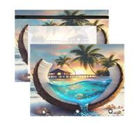 Astuccio per matite per raccoglitore a 3 anelli, astuccio trasparente con finestra superiore, grande capacità, per ufficio e scuola, confezione da 2 pezzi, palma da spiaggia al cocco