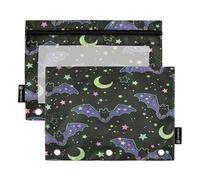 Astuccio per matite per raccoglitore a 3 anelli, colorato con pipistrelli di Halloween e stelle, con cerniera, portapenne con finestra trasparente, per scuola, ufficio, confezione da 2, Multi