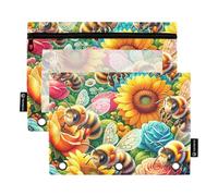 Astuccio per matite per raccoglitori a 3 anelli, con api carine e fiori colorati, con cerniera, decorativi, per la scuola, trasparenti, tasche per pastelli, 24,9 x 18 cm, confezione da 2