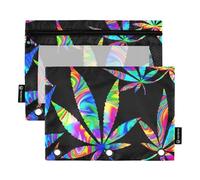 Astuccio per matite per raccoglitori a 3 anelli, foglie di cannabis fluo, nero, astuccio con cerniera, raccoglitore decorativo per la scuola, tasche carine, 24,9 x 18 cm, 2 confezioni