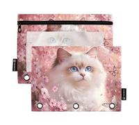 Astuccio per matite per studenti per raccoglitore a 3 anelli, portapenne, astuccio con cerniera, raccoglitore personalizzato per la scuola, trasparente, tasche carine con gatto rosa ciliegia in fiore