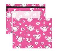 Astuccio per matite robuste cartelle tascabili per raccoglitori a 3 anelli, confezione da 2 pezzi, per insegnanti, rientro a scuola, scimmia, rosa acceso a forma di cuore