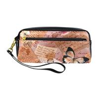 Astuccio per matite, stile vintage, con scritta in lingua inglese "Butterfly Penne", in pelle PU, con cerniera, per ragazzi e ragazze, per la scuola e l'ufficio