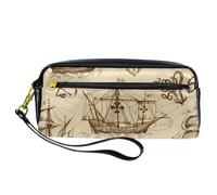 Astuccio per matite, vecchia barca a vela ancora mostro marino, astuccio in pelle PU con cerniera per ragazzi ragazze scuola e ufficio forniture