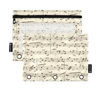 Astuccio per raccoglitore a 3 anelli, motivo note musicali, vintage, con cerniera, portapenne con finestra trasparente, per scuola, ufficio, 2 pezzi, Multi