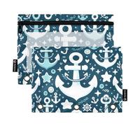 Astuccio per raccoglitori a 3 anelli, astuccio blu con timone a lancia, astuccio per matite e cosmetici, con cerniera trasparente, per ufficio, viaggi, cosmetici, confezione da 2, Timone a lancia blu,