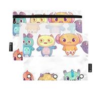 Astuccio per raccoglitori a 3 anelli, astuccio con simpatici mostri dei cartoni animati, astuccio per matite e cosmetici, con cerniera trasparente, per ufficio, viaggi, cosmetici, confezione da 2,