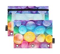Astuccio per raccoglitori a 3 anelli, astuccio per matite con pietre arcobaleno, astuccio per matite e cosmetici, con cerniera trasparente, per ufficio, viaggi, cosmetici, confezione da 2, Pietre