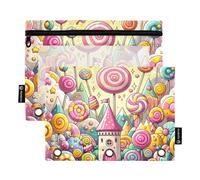 Astuccio per raccoglitori a 3 anelli, astuccio per matite e cosmetici, con cerniera trasparente, per ufficio, viaggi, cosmetici, confezione da 2, Dolce e dolce Candy Lollipop Land, one sizex2,