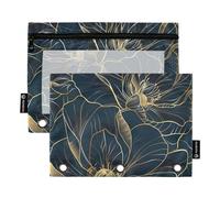 Astuccio per raccoglitori a 3 anelli, astuccio per matite e cosmetici, con cerniera trasparente, per ufficio, viaggi, cosmetici, confezione da 2, Lusso Golden Rose Flower Line Art, one sizex2,