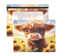 Astuccio per raccoglitori a 3 anelli, astuccio trasparente con finestra superiore, grande capacità, per ufficio e scuola, confezione da 2 pezzi, motivo: mucca delle Highland, girasole