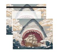 Astuccio per raccoglitori a 3 anelli, astuccio trasparente con finestra superiore, grande capacità, per ufficio e scuola, confezione da 2 pezzi, motivo: barca a vela con onde di squalo