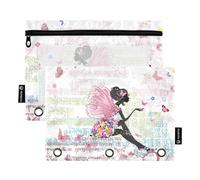 Astuccio per raccoglitori a 3 anelli, con scritta "Fairy Girl on the Grunge", astuccio per matite e cosmetici, con cerniera trasparente, per cosmetici da ufficio, viaggi, confezione da 2, Fata Ragazza