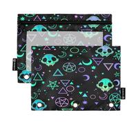 Astuccio per raccoglitori a 3 anelli, con simboli magici, teschi, con cerniera, astuccio portapenne con finestra trasparente, per scuola, ufficio, confezione da 2, Multi