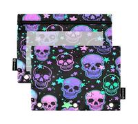 Astuccio per raccoglitori a 3 anelli, con teschi umani e stelle, con cerniera, portapenne con finestra trasparente, per scuola, ufficio, confezione da 2, Multi