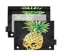 Astuccio per raccoglitori a 3 anelli, con teschio estivo e ananas con cerniera, portapenne con finestra trasparente, per scuola, ufficio, confezione da 2, Multi