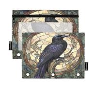 Astuccio per raccoglitori a 3 anelli, confezione da 2 astucci con finestra trasparente, materiale per il ritorno a scuola, 25 cm × 17 cm, corvo in vetro colorato