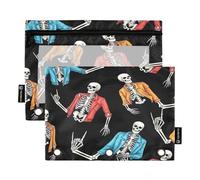 Astuccio per raccoglitori a 3 anelli, confezione da 2, astuccio morbido con 3 anelli, elementi essenziali per il ritorno a scuola, 24 × 17 cm, gesto rock roll scheletri umani