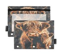 Astuccio per raccoglitori a 3 anelli, confezione da 2, astuccio morbido con 3 anelli, materiale per il ritorno a scuola, 24 × 17 cm, Highland Cows