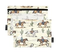 Astuccio per raccoglitori a 3 anelli, confezione da 2, astuccio morbido con 3 anelli, materiale per il ritorno a scuola, 24 cm x 17 cm, cowboy che cavalcano cavalli e cactus del deserto