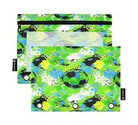 Astuccio per raccoglitori a 3 anelli, confezione da 2, astuccio morbido trasparente con anelli, materiale per il ritorno a scuola, 24 cm x 17 cm, verde graffiti Soccer Splash