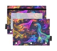 Astuccio per raccoglitori a 3 anelli, confezione da 2, morbido portamatite con 3 anelli, elementi essenziali per il ritorno a scuola, 24,9 × 17,8 cm, simpatici dinosauri artistici al neon